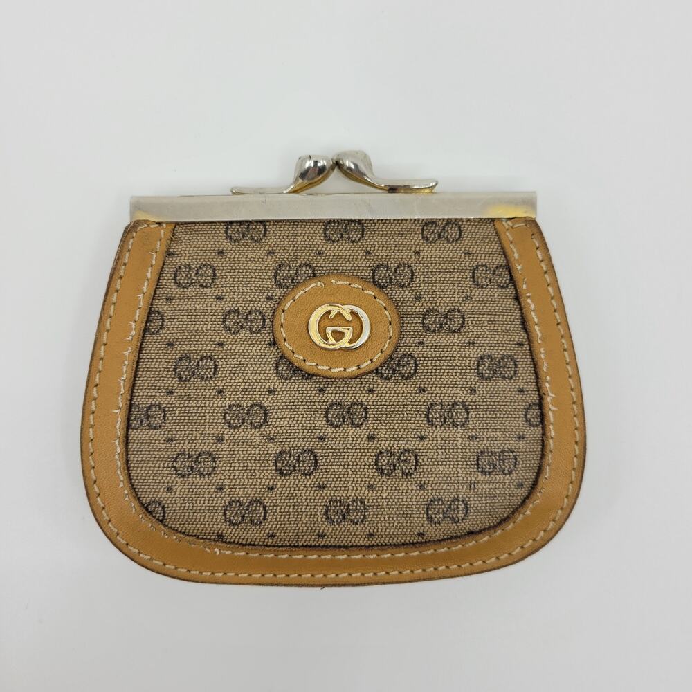 Gucci Coin Purse Vintage Kiss Clasp GG Brown Double Compartments Small